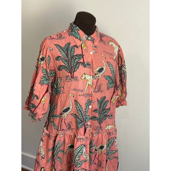 Fox and Hen Pink Ruffle Jungle Cats Button Down Dress MISSING BUTTON Size Large - Picture 2 of 9